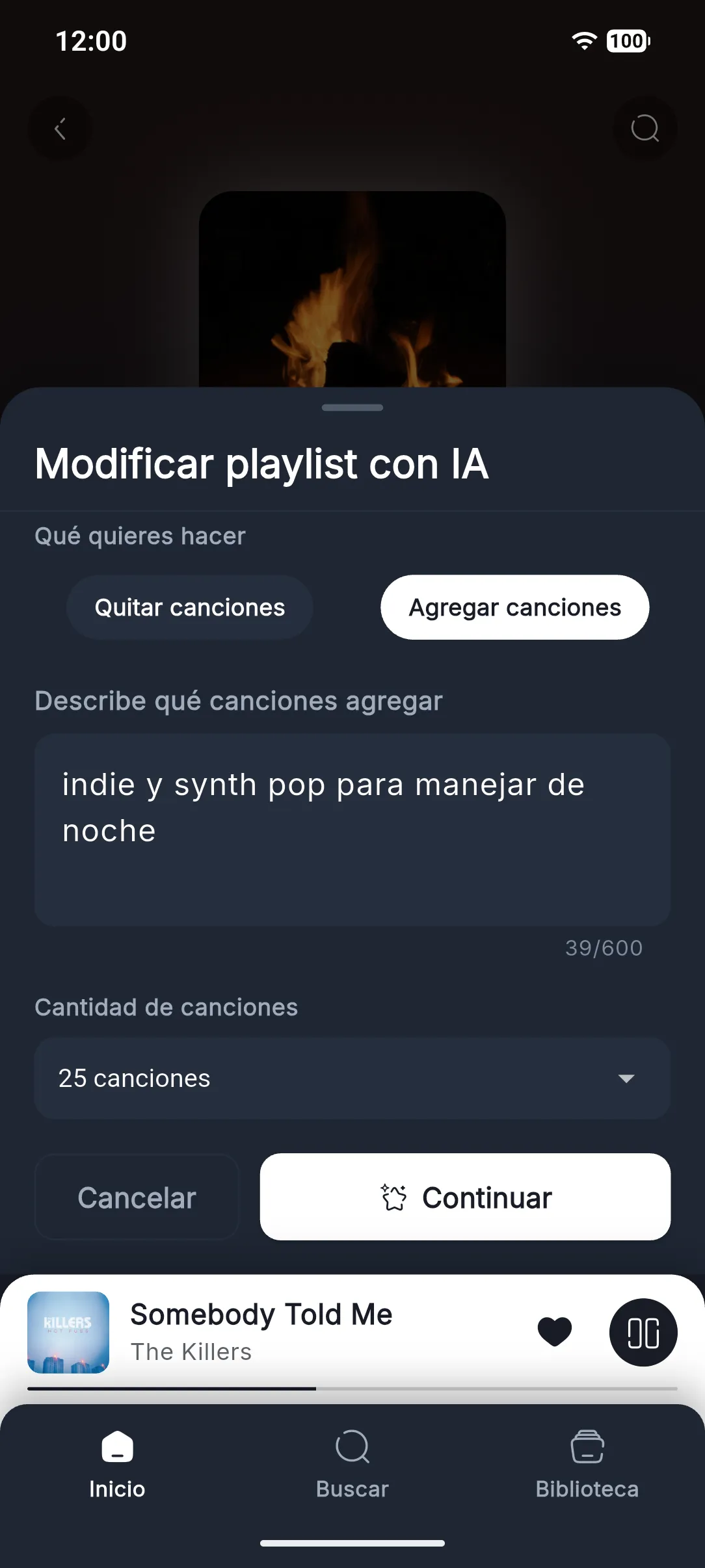 Hoja "Modificar playlist con IA" con la petición "indie y synth pop para manejar de noche" y la cantidad de 25 canciones.