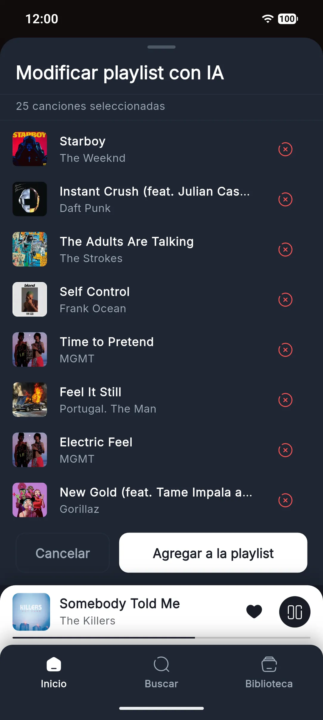 Resultado de la IA: 25 canciones seleccionadas, entre ellas Starboy de The Weeknd, Instant Crush de Daft Punk y Electric Feel de MGMT, con el botón "Agregar a la playlist".